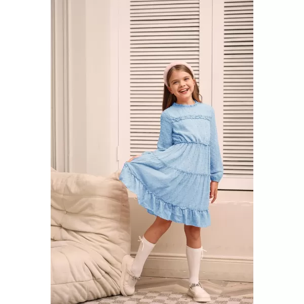 GRACE KARIN Girls Ruffle Tiered Dress Long Sleeve Swiss Dot Flowy ALine Dress 612YLight Blue
