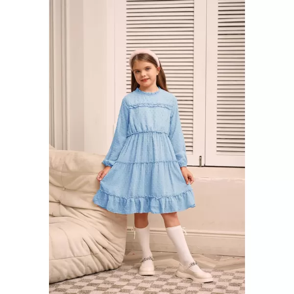 GRACE KARIN Girls Ruffle Tiered Dress Long Sleeve Swiss Dot Flowy ALine Dress 612YLight Blue