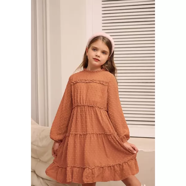 GRACE KARIN Girls Ruffle Tiered Dress Long Sleeve Swiss Dot Flowy ALine Dress 612YOrange Brown