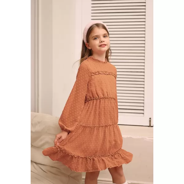 GRACE KARIN Girls Ruffle Tiered Dress Long Sleeve Swiss Dot Flowy ALine Dress 612YOrange Brown