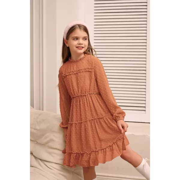 GRACE KARIN Girls Ruffle Tiered Dress Long Sleeve Swiss Dot Flowy ALine Dress 612YOrange Brown