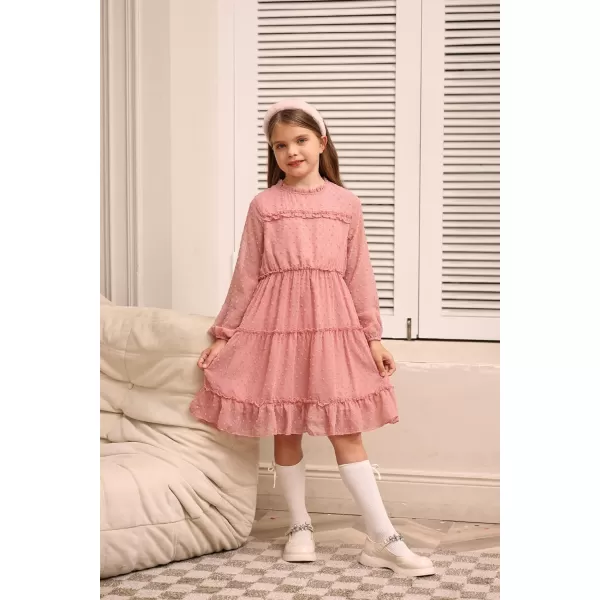 GRACE KARIN Girls Ruffle Tiered Dress Long Sleeve Swiss Dot Flowy ALine Dress 612YPink