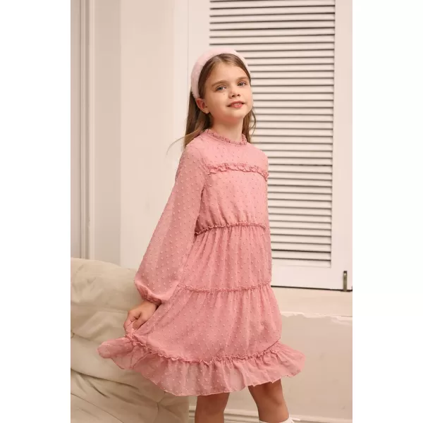 GRACE KARIN Girls Ruffle Tiered Dress Long Sleeve Swiss Dot Flowy ALine Dress 612YPink