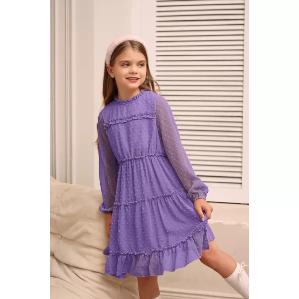 GRACE KARIN Girls Ruffle Tiered Dress Long Sleeve Swiss Dot Flowy ALine Dress 612YPurple