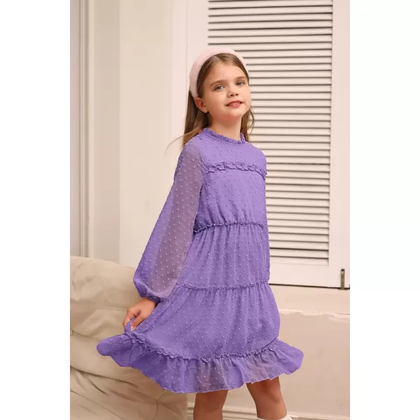 GRACE KARIN Girls Ruffle Tiered Dress Long Sleeve Swiss Dot Flowy ALine Dress 612YPurple