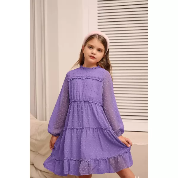 GRACE KARIN Girls Ruffle Tiered Dress Long Sleeve Swiss Dot Flowy ALine Dress 612YPurple