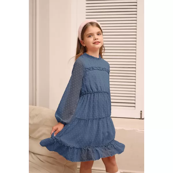 GRACE KARIN Girls Ruffle Tiered Dress Long Sleeve Swiss Dot Flowy ALine Dress 612YSteel Blue