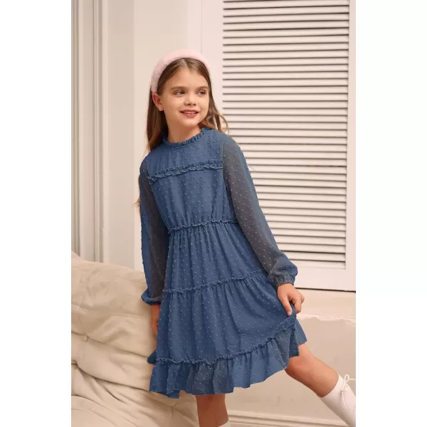 GRACE KARIN Girls Ruffle Tiered Dress Long Sleeve Swiss Dot Flowy ALine Dress 612YSteel Blue