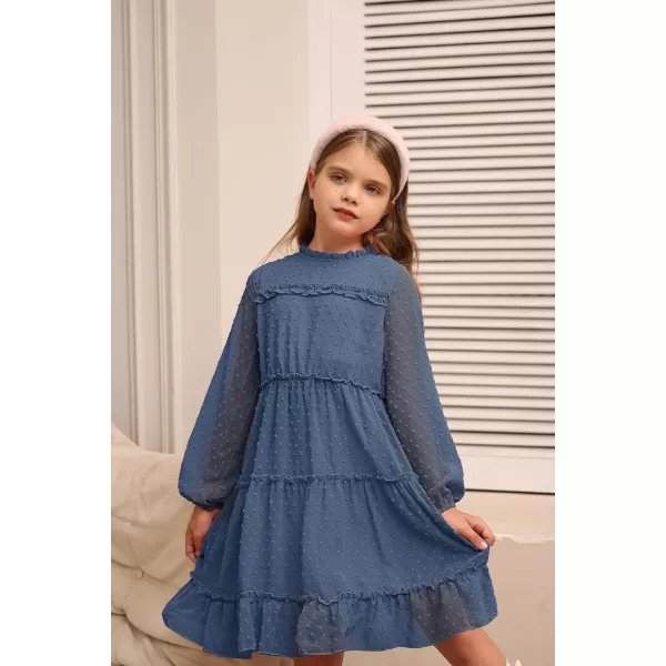 GRACE KARIN Girls Ruffle Tiered Dress Long Sleeve Swiss Dot Flowy ALine Dress 612YSteel Blue