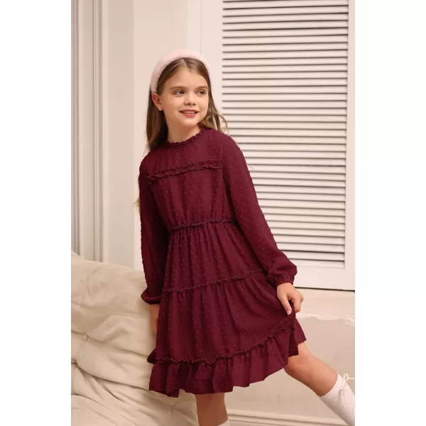 GRACE KARIN Girls Ruffle Tiered Dress Long Sleeve Swiss Dot Flowy ALine Dress 612YWine