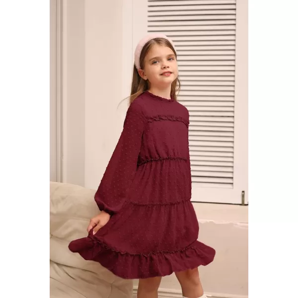 GRACE KARIN Girls Ruffle Tiered Dress Long Sleeve Swiss Dot Flowy ALine Dress 612YWine