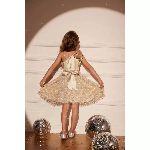 GRACE KARIN Girls Sequin Dress One Shoulder Sparkle Party Dress with Hair BowApricot