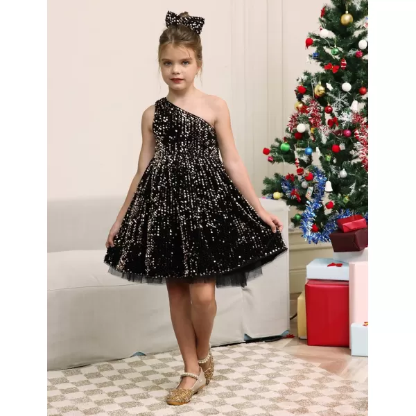 GRACE KARIN Girls Sequin Dress One Shoulder Sparkle Party Dress with Hair BowBlack