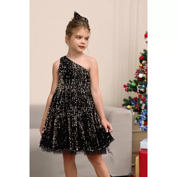 GRACE KARIN Girls Sequin Dress One Shoulder Sparkle Party Dress with Hair BowBlack