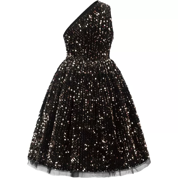GRACE KARIN Girls Sequin Dress One Shoulder Sparkle Party Dress with Hair BowBlack