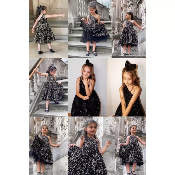GRACE KARIN Girls Sequin Dress One Shoulder Sparkle Party Dress with Hair BowBlack
