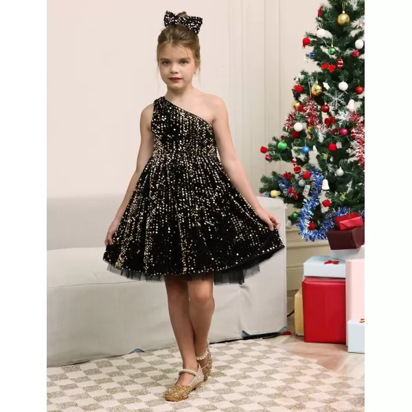 GRACE KARIN Girls Sequin Dress One Shoulder Sparkle Party Dress with Hair BowBlack Gold