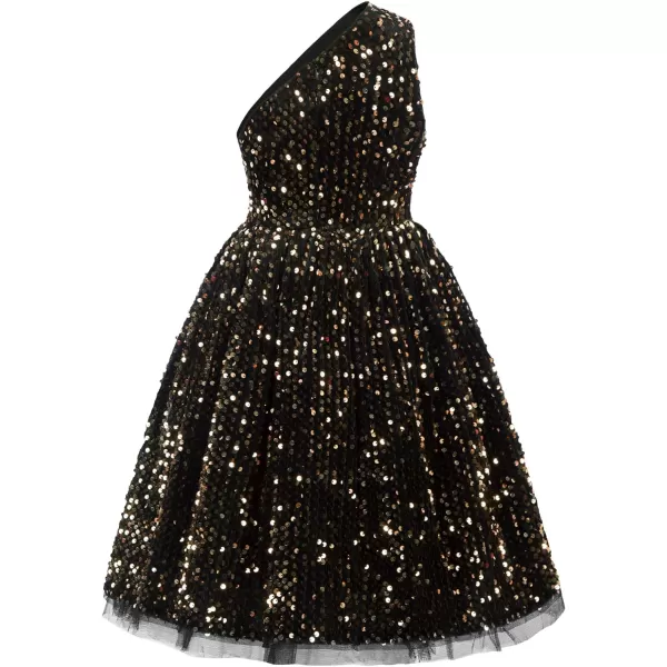 GRACE KARIN Girls Sequin Dress One Shoulder Sparkle Party Dress with Hair BowBlack Gold