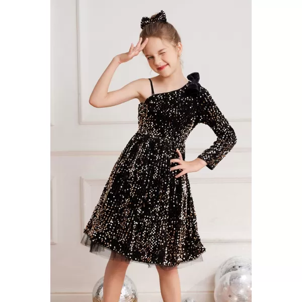 GRACE KARIN Girls Sequin Dress One Shoulder Sparkle Party Dress with Hair BowBlack Long