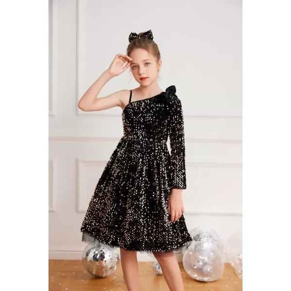 GRACE KARIN Girls Sequin Dress One Shoulder Sparkle Party Dress with Hair BowBlack Long