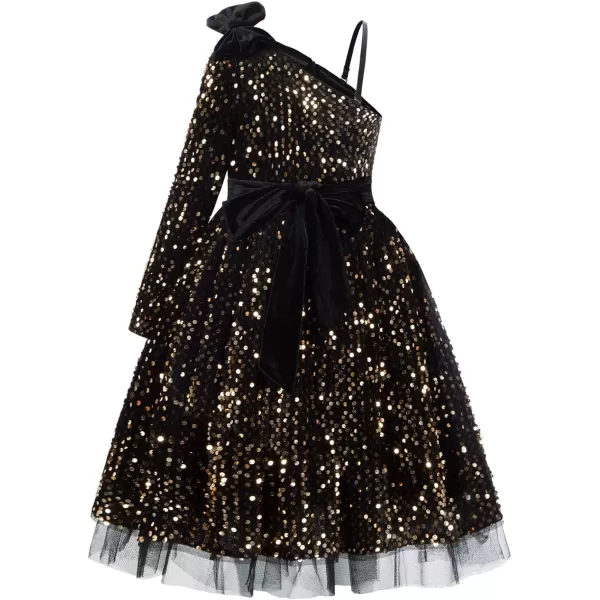 GRACE KARIN Girls Sequin Dress One Shoulder Sparkle Party Dress with Hair BowBlack Long