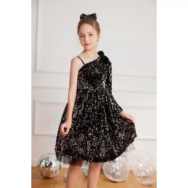 GRACE KARIN Girls Sequin Dress One Shoulder Sparkle Party Dress with Hair BowBlack Long