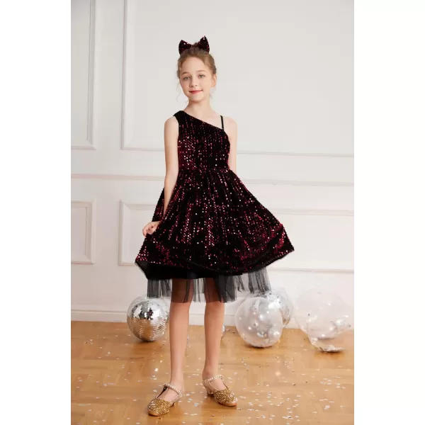 GRACE KARIN Girls Sequin Dress One Shoulder Sparkle Party Dress with Hair BowBlack Red