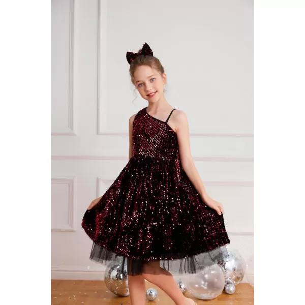 GRACE KARIN Girls Sequin Dress One Shoulder Sparkle Party Dress with Hair BowBlack Red
