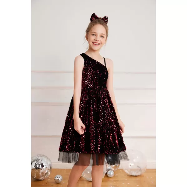 GRACE KARIN Girls Sequin Dress One Shoulder Sparkle Party Dress with Hair BowBlack Red