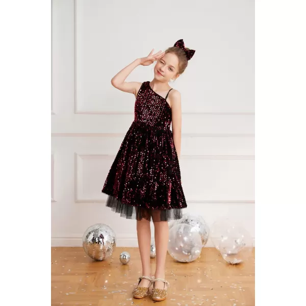 GRACE KARIN Girls Sequin Dress One Shoulder Sparkle Party Dress with Hair BowBlack Red
