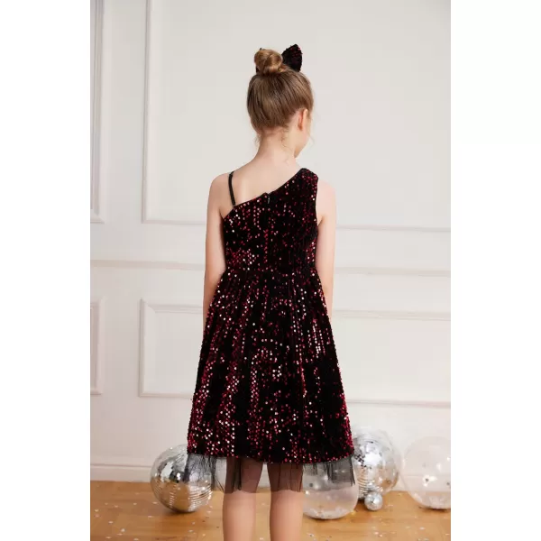 GRACE KARIN Girls Sequin Dress One Shoulder Sparkle Party Dress with Hair BowBlack Red