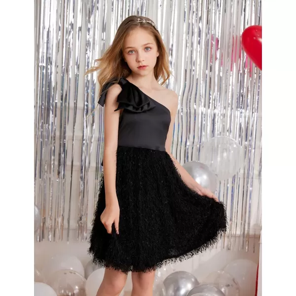 GRACE KARIN Girls Sequin Dress One Shoulder Sparkle Party Dress with Hair BowBlack1