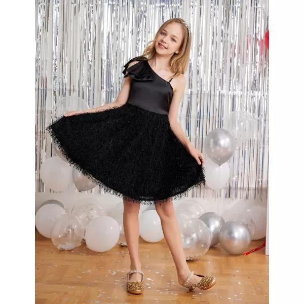 GRACE KARIN Girls Sequin Dress One Shoulder Sparkle Party Dress with Hair BowBlack1