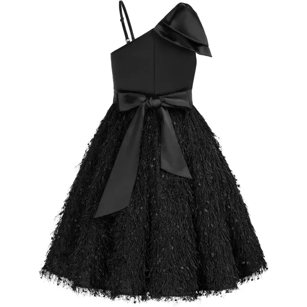 GRACE KARIN Girls Sequin Dress One Shoulder Sparkle Party Dress with Hair BowBlack1