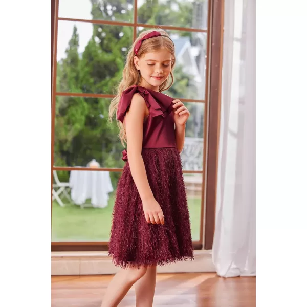 GRACE KARIN Girls Sequin Dress One Shoulder Sparkle Party Dress with Hair BowBurgundy