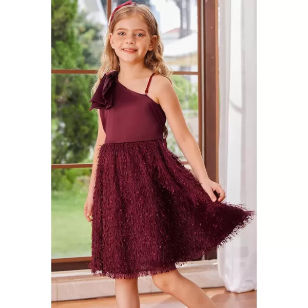 GRACE KARIN Girls Sequin Dress One Shoulder Sparkle Party Dress with Hair BowBurgundy