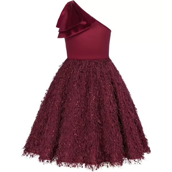 GRACE KARIN Girls Sequin Dress One Shoulder Sparkle Party Dress with Hair BowBurgundy