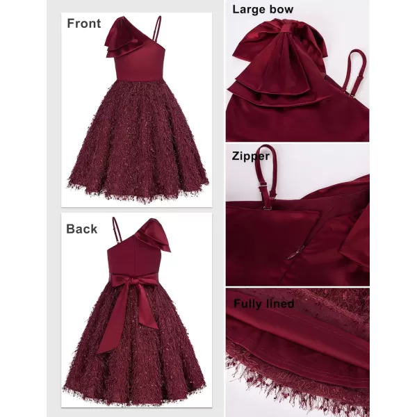 GRACE KARIN Girls Sequin Dress One Shoulder Sparkle Party Dress with Hair BowBurgundy