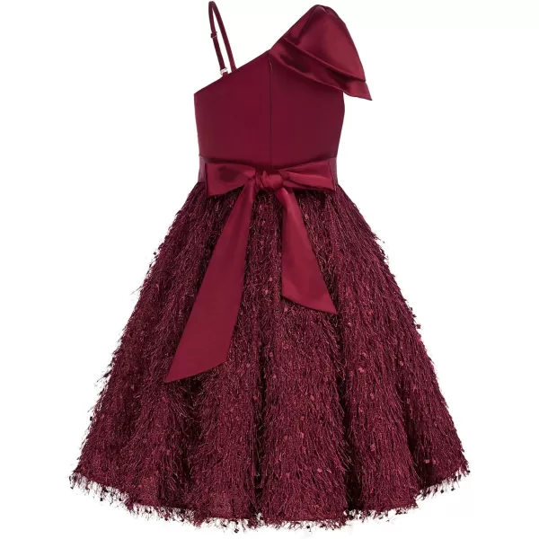 GRACE KARIN Girls Sequin Dress One Shoulder Sparkle Party Dress with Hair BowBurgundy