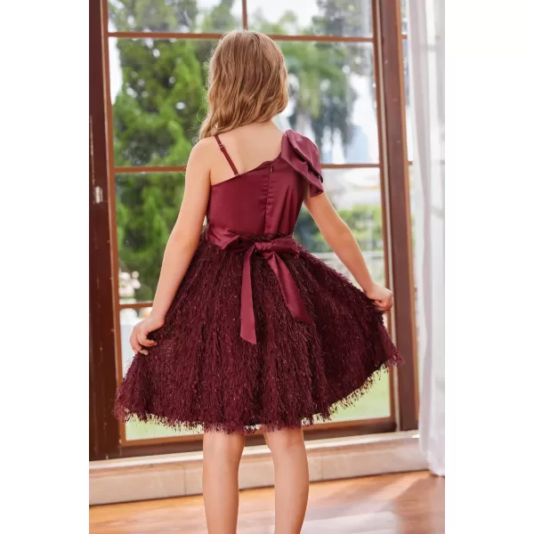 GRACE KARIN Girls Sequin Dress One Shoulder Sparkle Party Dress with Hair BowBurgundy