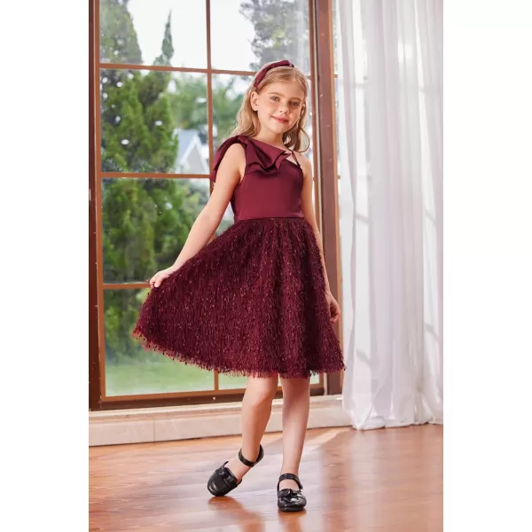 GRACE KARIN Girls Sequin Dress One Shoulder Sparkle Party Dress with Hair BowBurgundy