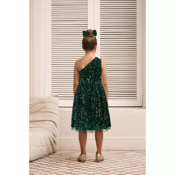 GRACE KARIN Girls Sequin Dress One Shoulder Sparkle Party Dress with Hair BowDark Green