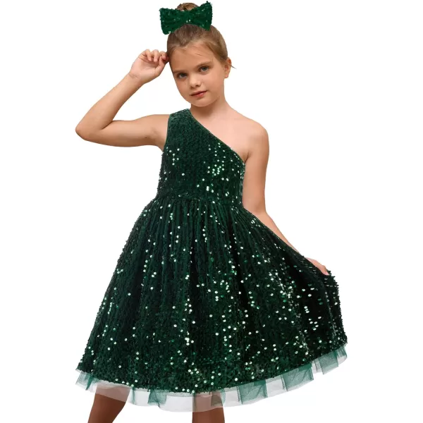 GRACE KARIN Girls Sequin Dress One Shoulder Sparkle Party Dress with Hair BowDark Green