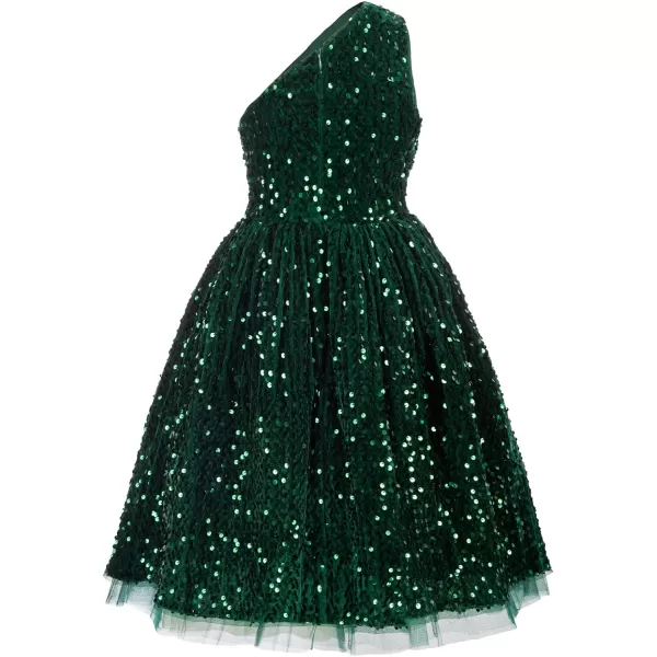 GRACE KARIN Girls Sequin Dress One Shoulder Sparkle Party Dress with Hair BowDark Green