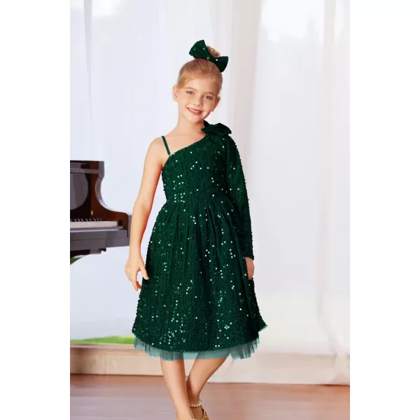 GRACE KARIN Girls Sequin Dress One Shoulder Sparkle Party Dress with Hair BowDark Green Long