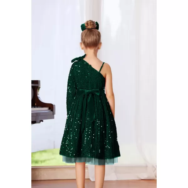 GRACE KARIN Girls Sequin Dress One Shoulder Sparkle Party Dress with Hair BowDark Green Long