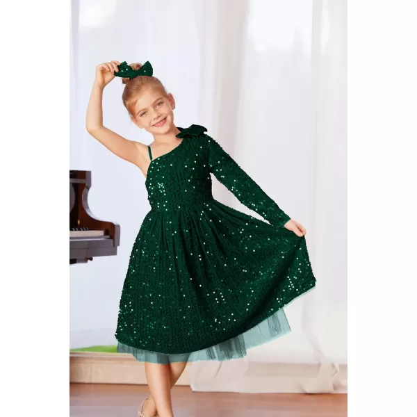 GRACE KARIN Girls Sequin Dress One Shoulder Sparkle Party Dress with Hair BowDark Green Long