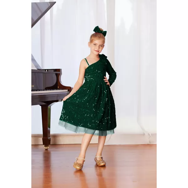 GRACE KARIN Girls Sequin Dress One Shoulder Sparkle Party Dress with Hair BowDark Green Long