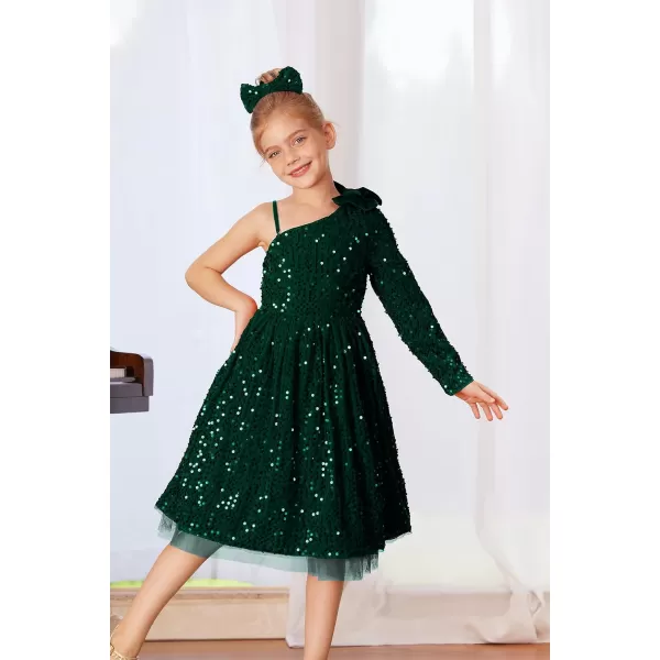 GRACE KARIN Girls Sequin Dress One Shoulder Sparkle Party Dress with Hair BowDark Green Long