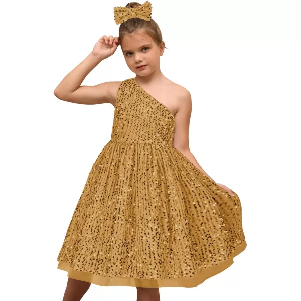 GRACE KARIN Girls Sequin Dress One Shoulder Sparkle Party Dress with Hair BowGold